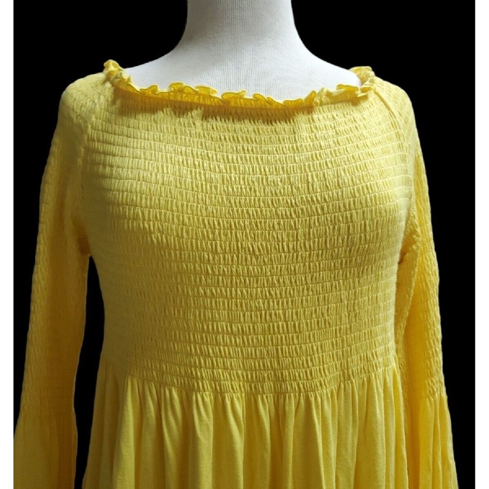 Alison Andrews Top Smocked Yellow Tunic Blouse Long Sleeve